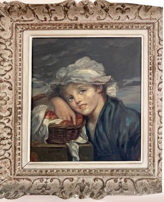 painting of a woman with a basket of apples in her hand