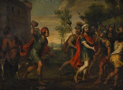tableau représentant un groupe de personnes dans un environnement boisé