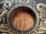 a close up of a guitar with a picture of a lion on it