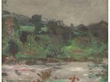 an image of a painting of a landscape with a river in the foreground