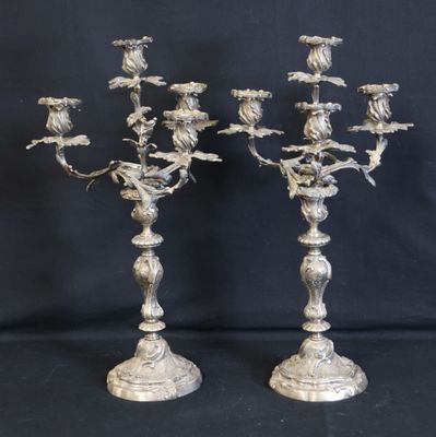 pair of antique silver plated candelabs with birds and flowers