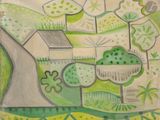 peinture représentant un paysage avec une route et une maison au loin