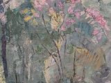 an oil painting of trees in a wooded area with snow on the ground