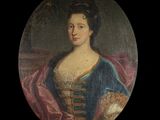 portrait of a lady in a blue dress with a pink shawl