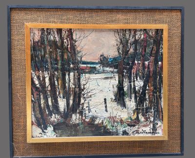 painting of a snowy landscape with trees and a train in the distance
