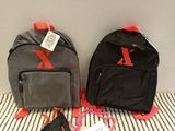 pair of black and grey backpacks with red letters on them