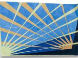 peinture abstraite représentant un soleil rayonnant bleu et jaune sur fond blanc