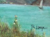 a painting of a sailboat on the water with a mountain in the background