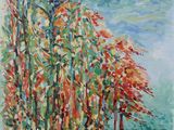 a painting of trees in a field with water and sky in the background