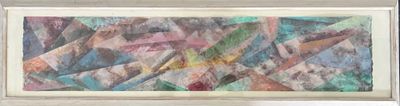 painting of a colorful abstract painting in a white frame on a wall