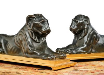 Paire de lions couchés en bronze à patine brune, reposant su…