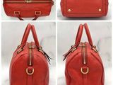 a collage of four photos of a red handbag