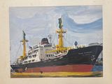 une peinture représentant un grand bateau sur l'eau