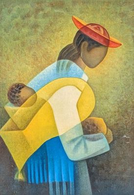 a painting of a woman carrying a baby in her arms