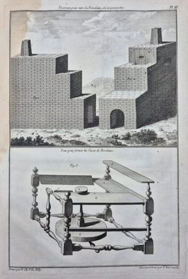 an old drawing of a table and chairs in front of a building