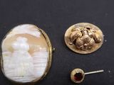 a close up of a pair of earrings and a broochle