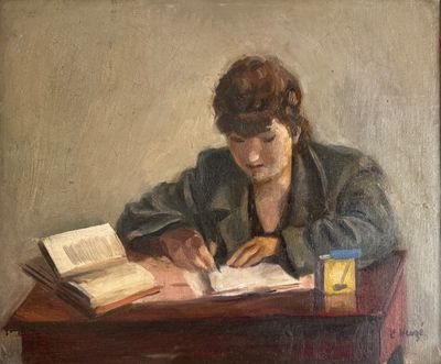 a painting of a woman sitting at a table reading a book