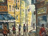 painting of people walking down a city street in the rain