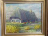 une peinture à l'huile représentant une maison au toit de chaume dans un décor champêtre