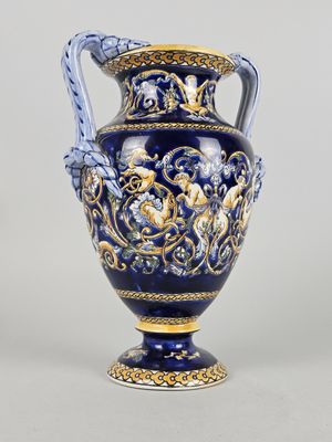 an image of a blue and gold vase on a white background