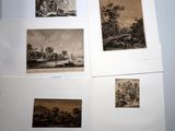 four different views of a landscape with a house and a river