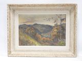 une image représentant un tableau représentant un paysage de montagne avec des arbres au premier plan