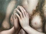 a painting of a woman holding her hands to her chest