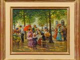 tableau représentant un groupe de personnes assises autour d'une table dans un parc