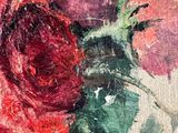 a painting of two roses in a vase on a table