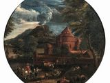 painting of a landscape with a castle in the distance and a group of people on horseback in the foreground