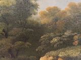 a picture of a painting of a man and a dog in a wooded area