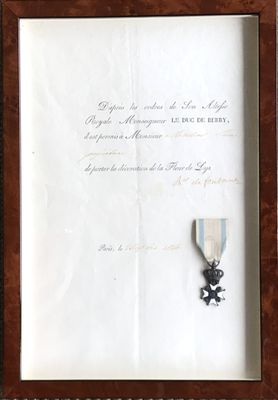 photo encadrée représentant une médaille ornée d'un ruban et d'une lettre