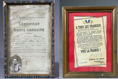 two framed photographs of a woman and a certificate on a table