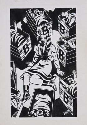 drawing of a man sitting on a chair surrounded by boxes of food