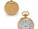 two gold pocket watches with roman numerals and roman numerals