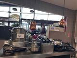 many pots and pans on the counter in the kitchen