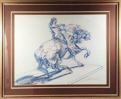 painting of a man riding a horse in a brown frame