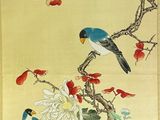 un tableau représentant un oiseau perché sur une branche fleurie