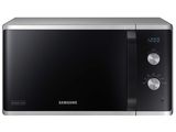 the samsung microwave oven has a digital clock on the side of it