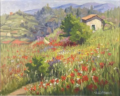 une peinture à l'huile représentant un champ de fleurs avec une maison en arrière-plan