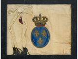 tableau encadré représentant un homme coiffé d'une couronne et arborant des armoiries
