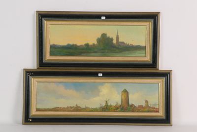 deux tableaux encadrés représentant un paysage avec un château au loin