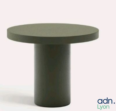 a round table with a black top on a white background