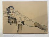 painting of a woman laying on her stomach with a man in the background