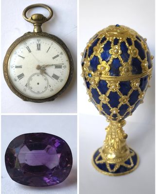 plusieurs images différentes représentant un œuf doré et bleu ainsi qu'une pierre violette