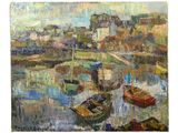 an oil painting of boats in a harbor with buildings in the background