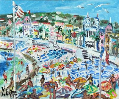 un tableau représentant une scène de plage avec beaucoup de monde