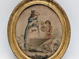 an old picture of a woman and a child in a wheelbarrow