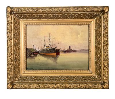 une peinture représentant un bateau dans l'eau près d'un embarcadère
