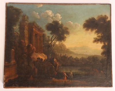 un vieux tableau représentant un paysage, avec des personnages au premier plan et un château à l'arrière-plan